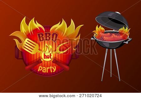 Bbq Party Poster With Text In Flame. Barbecue Icon Of Brazier With Grille Grid And Sausages Cooking 