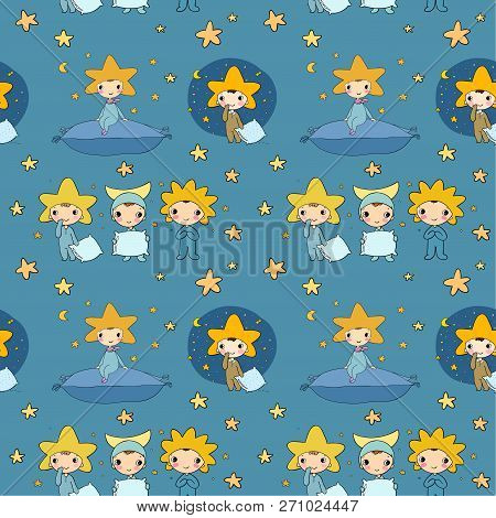 Pattern With Dwarfs And Stars. Night Elfs. Vector