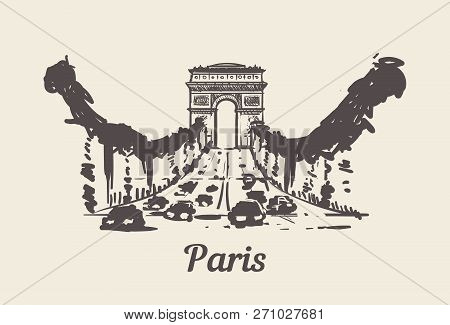 Champs Elysees Paris Hand Drawn Sketch Vector Illustration.