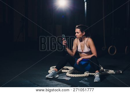 Sport Woman Smile At Camera Self Picture At Gym, Young Girl Picture Herself Exercising Fitness Cente