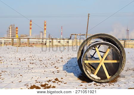 Pipeline Propylene Dn 530 And 820 In Winter Against The Background Of An Oil Refinery In Russia