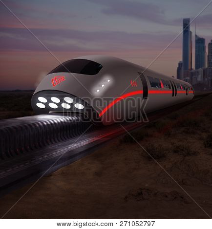 Concept Of A Futuristic High Speed Monorail Train With Magnetic Levitation Connecting A City, 3d Ren