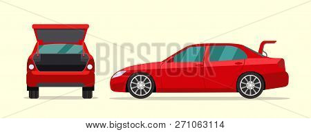 Сar Sedan With Open Boot. Side And Back View. Vector Flat Style Illustration