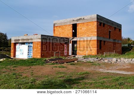 Senov, Czech Republic - October 23, 2018: Unfinished Family House Built From Orange Bricks. It Has A