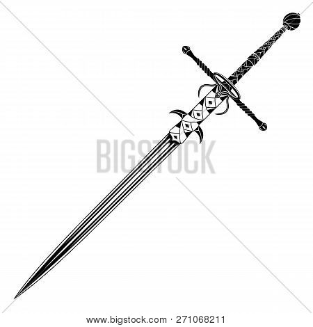 Vector Image Of A Two-handled Knightly Sword. Long Blade. Weapon Of The Medieval Fantastic King. Dra