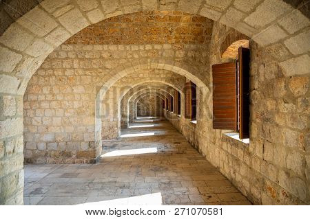 Dubrovnik, Croatia - 20.10.2018: Interior Of Fort Lovrijenac, St. Lawrence Fortress Building Archite