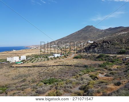 Quiet And Serene Country Landscape In Santorini, Greece.