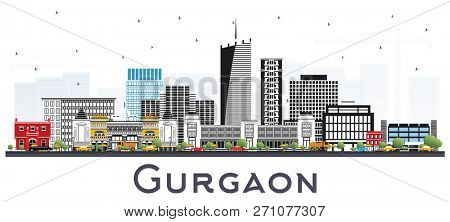 Gurgaon India City Skyline with Gray Buildings Isolated on White. Business Travel and Tourism Concept with Modern Architecture. Gurgaon Cityscape with Landmarks.