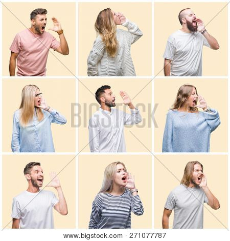 Collage of group people, women and men over colorful yellow isolated background shouting and screaming loud to side with hand on mouth. Communication concept.
