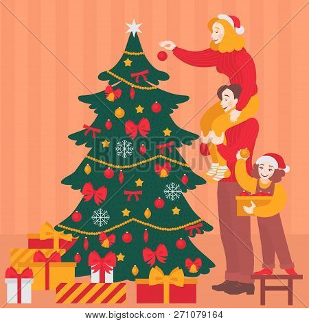 Happy Family Decorate Christmas Tree Together. Traditional Holiday Celebration Party, Cheerful Paren