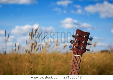 Close Up Of An Acoustic Guitar Head And Tuning Keys In A Wheat Field