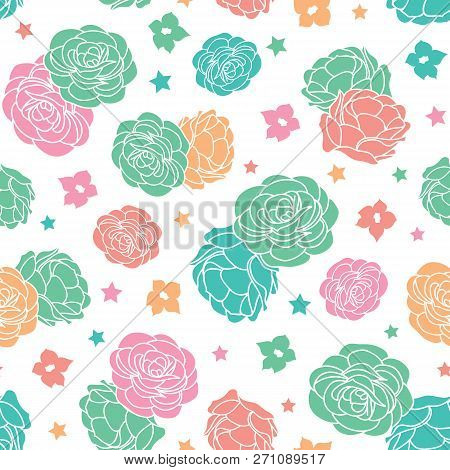 Colorful Rose Garden Ditsy Floral With Stars Seamless Vector Repeat Pattern