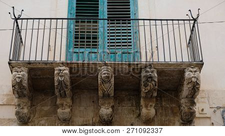 Incredible Details In A Balcony Of Noto, A City In The Province Of Syracuse, Sicily. This Style Of A