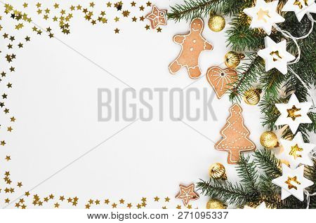 Holiday Shiny Background. Traditional Gingerbread Cookies Like A Funny Little Man, Stars, Hearts, Tr