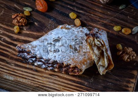 Beautiful Background For A Blog. Georgian Sweets. Dessert With Honey, Dried Fruit And Lemon.