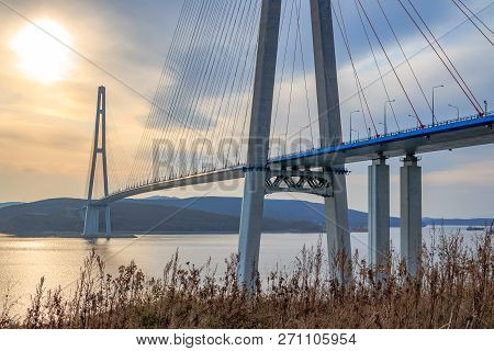 Suspended Cable Russian Bridge From The Mainland Of The Far-eastern City Of Vladivostok To The Russk