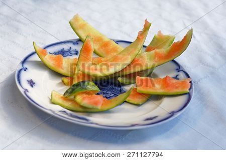 Waste From A Watermelon On A Old Fashioned White And Blue Plate