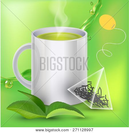 Green Tea Banner Ads With Tea Leaves, Green Background With Realistic Splash Of Tea And Tea Bag In 3
