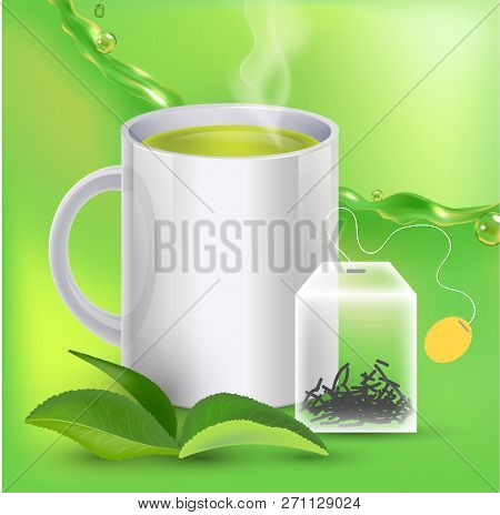 Green Tea Banner Ads With Tea Leaves, Green Background With Realistic Splash Of Tea And Tea Bag In 3