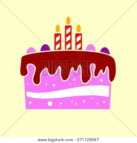 Birthday Cake Icon In Cartoon Style. Anniversary Congratulation Sign, Sweet Dessert Symbol, Birtday 