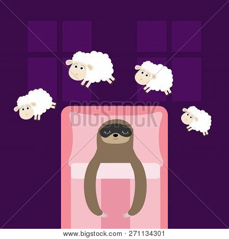Cute Sloth Sleeping Mask, Eyes. Jumping Sheeps. Cant Sleep Going To Bed Concept. Counting Sheep. Han