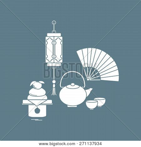Eastern New Year Symbols. Chinese Lantern, Kettle With Two Cups, Fan, Kagami Mochi. Festive Traditio
