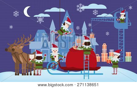 Merry Christmas And Happy New Year. Elves Helpers Collect Gifts In The Bag Of Santa Claus, Sleigh Wi