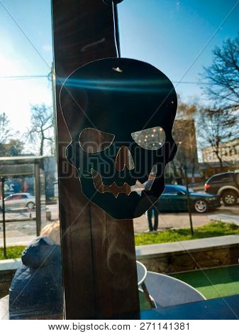 Brown Plastic Toy Scull Against Sunny Park