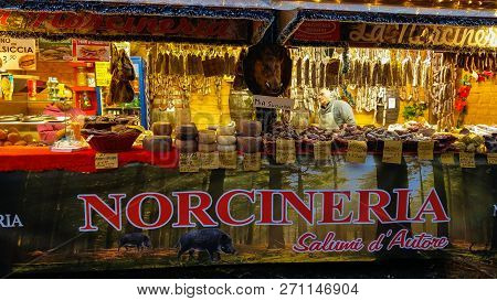 Viterbo, Italy - November 25, 2018: Christmas Market With Cured Meat In The Little Square Of Viterbo