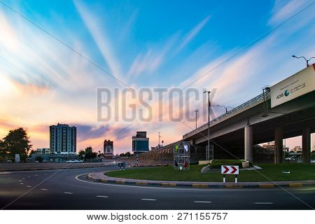 Ras Al Khaimah, United Arab Emirates - November 27, 2018: Ras Al Khaimah Downtown Roundabout By The 