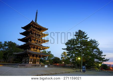 Kyoto, Japan - November 21, 2017 :the Five Storied Pagoda With Twilight In Nara,japan. This Pagoda W