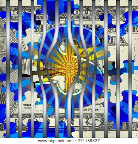 Symbolic composition. US dollar behind prison bars. 3D rendering