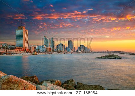 Tel Aviv Skyline. Cityscape Image Of Tel Aviv, Israel During Sunset.