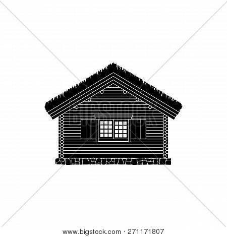 Norwegian Traditional House Of Round Logs . The Roof Is Covered With Greensward.  Vector Illustratio