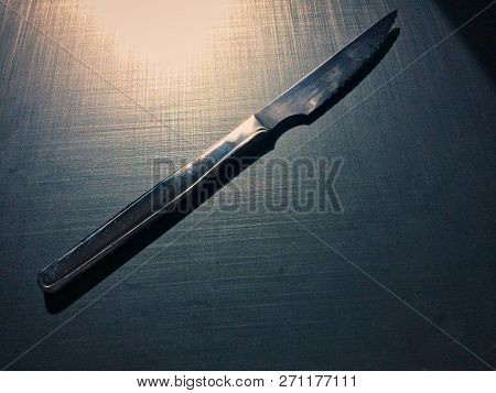 Full Metal Table Knife On A Dark Background, Table Knife, Cutlery, Dark Background, Metallic Materia