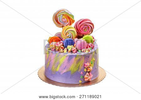 Colorful Delicious Cake With Marshmallows And Candies.