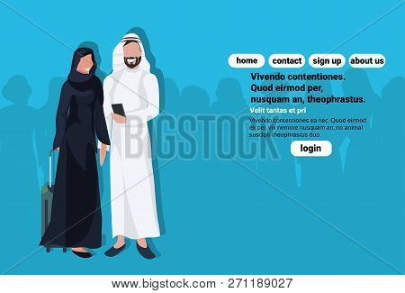 Arabic Couple Using Smartphone Holding Valise Wearing Traditional Clothes Travel Concept Man Woman C