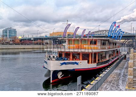 Ship Swallow 2 Moored At The Luzhnetskaya Embankment Of The Moscow River.