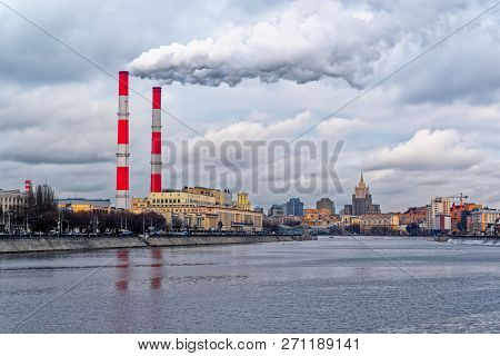 Panoramic View Of The Moscow River And Thermal Power Plant Number 12 On Berezhkovskaya Embankment. T