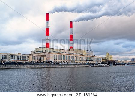 Panoramic View Of The Moscow River And Thermal Power Plant Number 12 On Berezhkovskaya Embankment. T