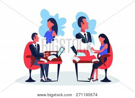 Infatuated Business Couple Sitting Office Workplace Thinking About Each Other Dream Working Process 