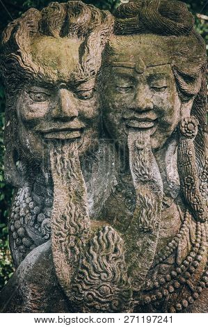 Closeup Portrait Of Hindu Buddhist Traditional Stone Sculpture. Bali, Indonesia