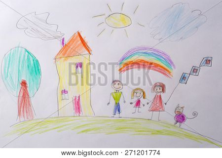 Childrens Drawing My Happy Family . The Concept Of Child Psychology. Psychological Testing Of The Ch