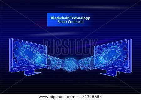 Blockchain Technology Smart Contacts Poster Vector. Screens People Handshake, Bitcoin Banking And De
