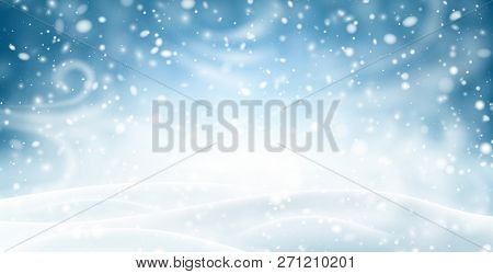 Blue Shiny Banner With Winter Landscape, Snow And Blizzard.