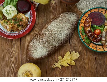 Rugbrod, Danish Style Rye Bread, Danish Homemade Cuisine, Traditional Assorted Dishes, Top View.