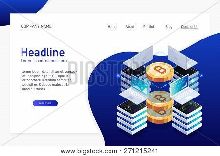 Concept Of Web Site Main Page, Landing Page With Isometry. Earning Cryptocurrency, Mining Bitcoin. L