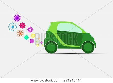 Ecological Transport. Green Car With Harmless Emissions Into The Environment