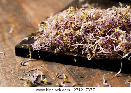 closeup of a pile of kale sprouts on a wooden table