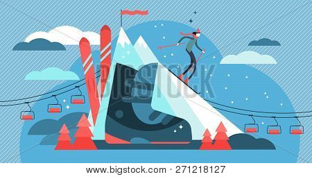 Skiing Vector Illustration. Flat Mini Athlete Person Concept With Sport Equipment. Character With Sl